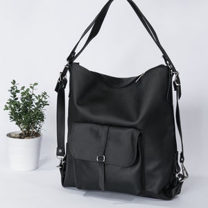 BLACK LEATHER BACKPACK Purse Convertible Leather Handbag Laptop School Bag Leather Rucksack zdjęcie 2