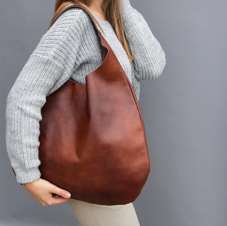 Cognac LEATHER HOBO Bag BROWN Oversize Shoulder Bag Everyday Leather Purse Soft Leather Handbag for Women, Distressed Leather image 2