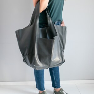 GRAY OVERSIZE HANDBAG, Leather Women Purse, Big Shoulder Bag, Shoulder Hobo Bag, Dark Leather Bag, Large Leather Tote, Everyday Tote image 5