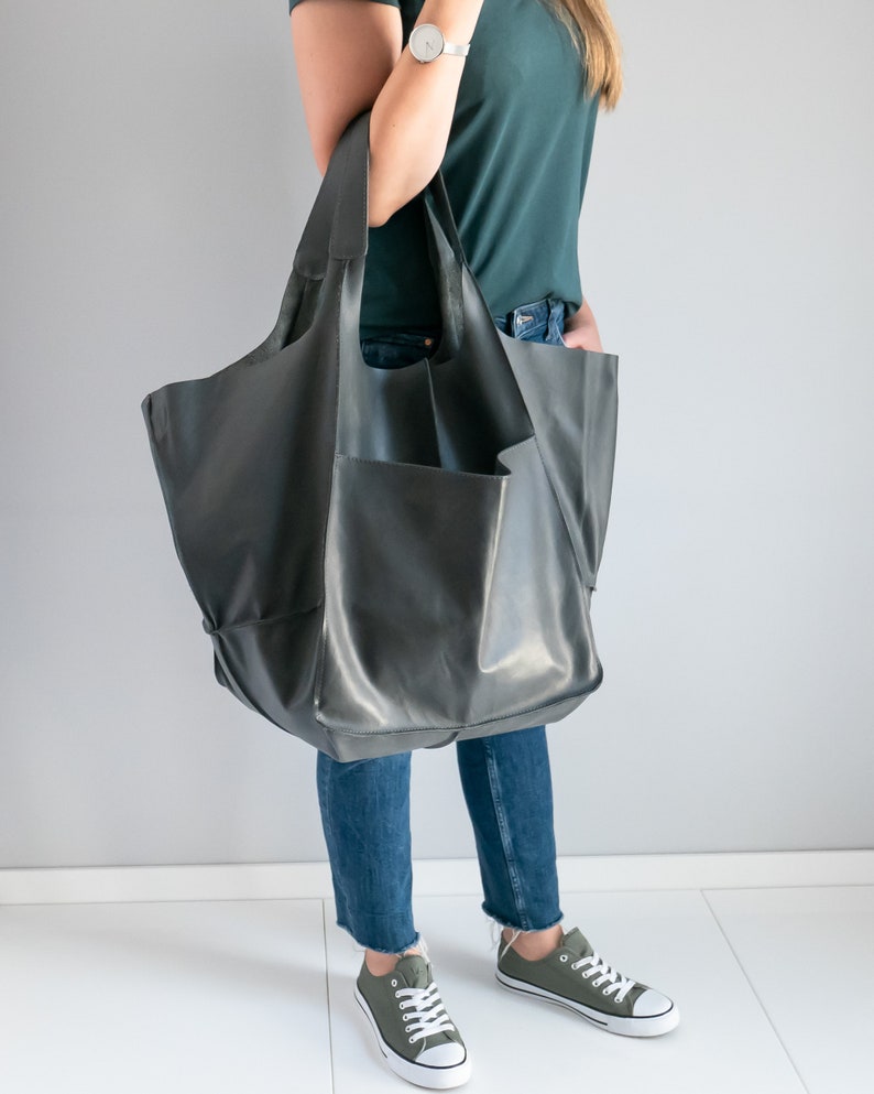 GRAY OVERSIZE HANDBAG, Leather Women Purse, Big Shoulder Bag, Shoulder Hobo Bag, Dark Leather Bag, Large Leather Tote, Everyday Tote image 5