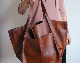 BROWN Oversized Bag, Large Leather Tote Bag, Women leather bag, Slouchy Tote, Cognac BROWN Handbag for Women, Soft Leather, Everyday Bag