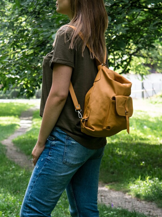 yellow leather backpack purse