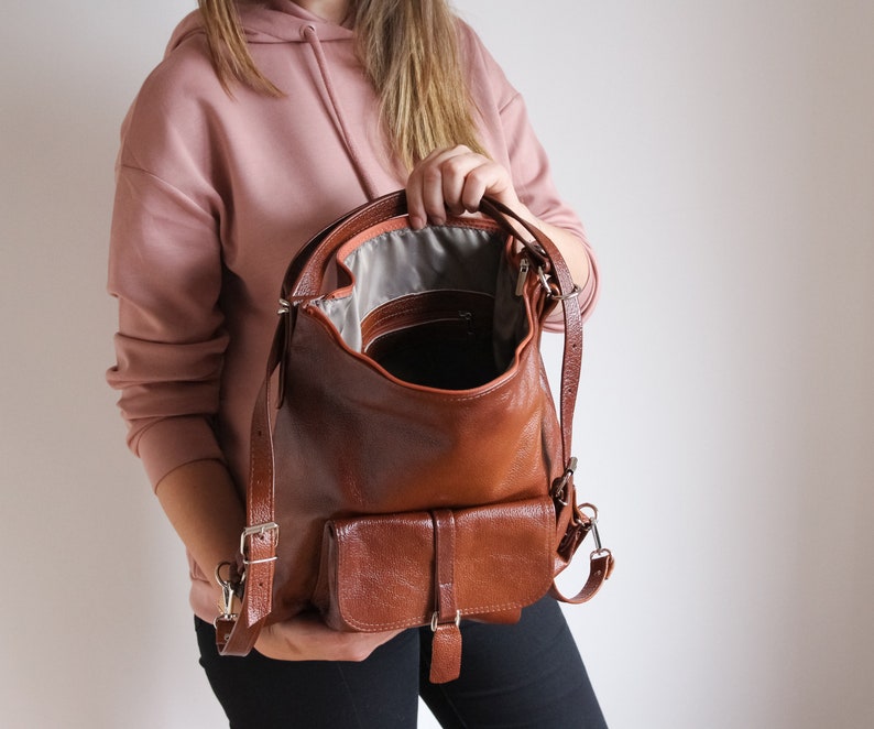 BROWN LEATHER BACKPACK Purse Convertible Leather Handbag Laptop School Bag Cognac Leather Rucksack Bronze