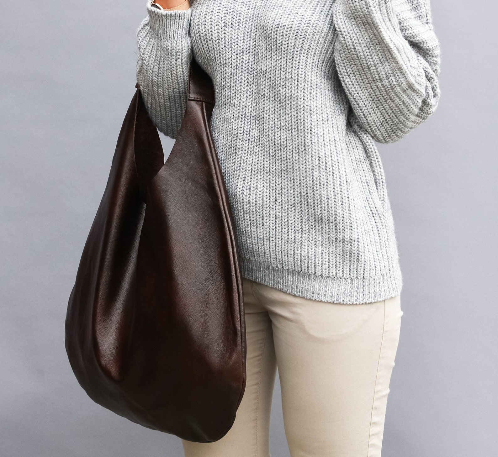 LEATHER HOBO Bag BROWN Oversize Shoulder Bag Everyday Etsy