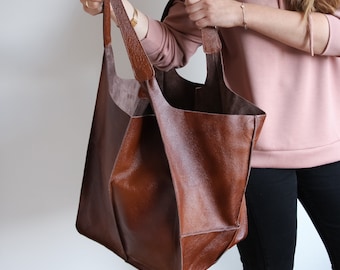 OVERSIZE BROWN Handbag, SHOULDER Hobo Bag, Cognac Brown Leather Bag, Large Leather Tote, Everyday Slouchy Bag, Leather Purse, Big Bag