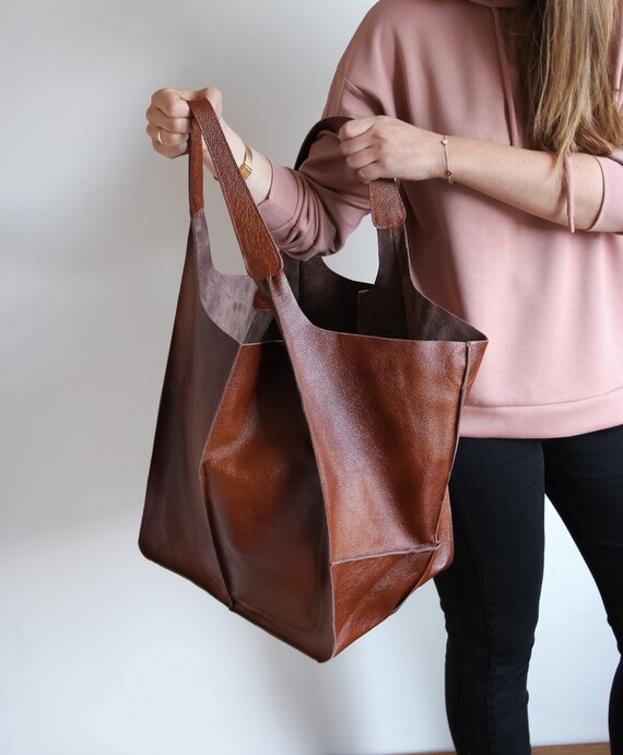 LEATHER HOBO Bag Cognac BROWN Oversize Shoulder Bag 