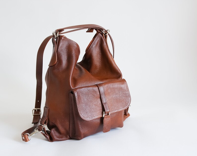 BROWN LEATHER BACKPACK Purse Convertible Leather Handbag Laptop School Bag Cognac Leather Rucksack image 4