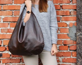 BROWN Oversize Shoulder Bag - LEATHER HOBO Bag - Everyday Leather Purse - Soft Leather Handbag for Women