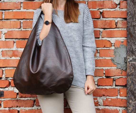 BROWN LEATHER HOBO Bag Oversize Shoulder Bag Everyday 