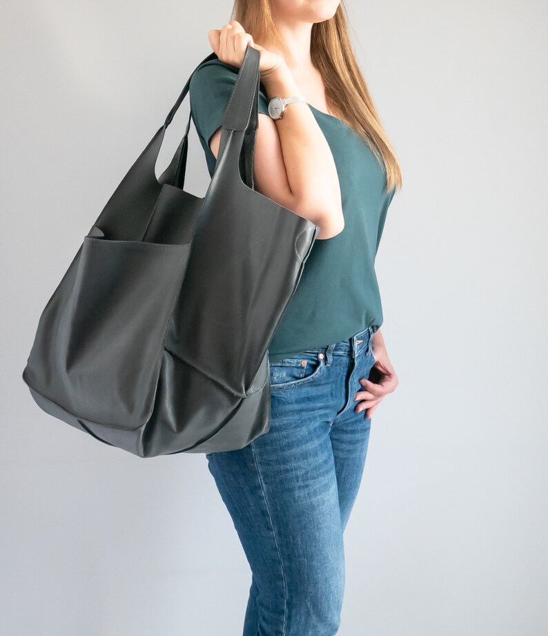 GRAY OVERSIZE HANDBAG, Leather Women Purse, Big Shoulder Bag, Shoulder Hobo Bag, Dark Leather Bag, Large Leather Tote, Everyday Tote image 6