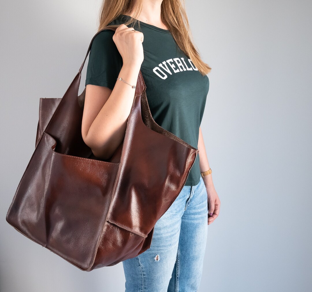 LARGE LEATHER Tote Cognac BROWN Handbag Everyday Foldover Etsy
