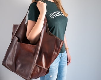 LARGE LEATHER Tote, Cognac BROWN Handbag, Everyday Foldover Bag, Women Leather Bag Large Shoulder Bag, Large Hobo, Oversize Weekender Bag