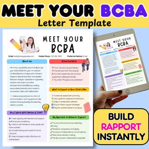 以下が含まれることがあります： 「Meet Your BCBA」というタイトルのレターテンプレート。認定行動アナリストに関する情報が記載されています。デザインにはテキスト、グラフィック、テンプレートを表示するタブレットが含まれています。「Build Rapport Instantly」というフレーズも表示されています。
