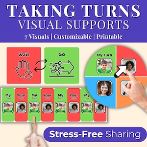 May include: A visual support tool with the text "TAKING TURNS VISUAL SUPPORTS". It includes "Wait" and "Go" cards, a circular "My Turn" chart, and a strip of cards with photos. The phrase "Stress-Free Sharing" is also present.
