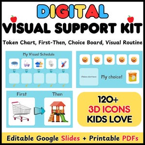 Può includere: Un kit di supporto visivo digitale con il titolo "DIGITAL VISUAL SUPPORT KIT" in rosso, blu e giallo. Il kit include tabelle di token, schede di scelta e routine visive. Presenta oltre 120 icone 3D ed è modificabile in Google Slides e stampabile in PDF.