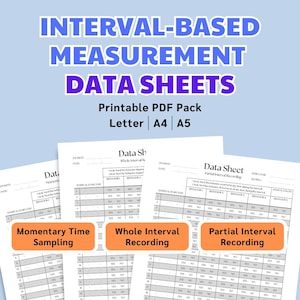 May include: Three printable data sheets for interval-based measurement. The sheets are labeled "Momentary Time Sampling", "Whole Interval Recording", and "Partial Interval Recording". Each sheet has a grid with columns for "Interval #", "Yes", "No", and "Total".