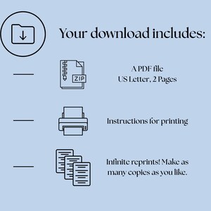 K&ouml;nnte beinhalten: Hellblaue Grafik mit schwarzen Strichzeichnungen und Text. Der Text lautet "Ihr Download beinhaltet:" gefolgt von Symbolen und Beschreibungen: "Eine PDF-Datei US Letter, 2 Seiten", "Druckanweisungen" und "Unendliche Nachdrucke! Erstellen Sie so viele Kopien, wie Sie m&ouml;chten."