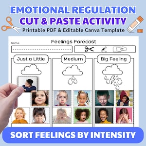 Może przedstawiać: Wydrukowany PDF i edytowalny szablon Canva do regulacji emocji. Aktywność zawiera wykres "Prognoza uczuć" z sekcjami dla "Trochę", "Średnio" i "Duże uczucie". Obraz zawiera tekst "SORTUJ UCZUCIA WEDŁUG INTENSYWNOŚCI".