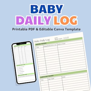 Puede incluir: Una plantilla de diario diario para bebés imprimible con secciones para la alimentación, el sueño y los cambios de pañal. La plantilla está diseñada para ser utilizada en un teléfono o tableta e incluye campos para la hora, las notas y el estado de ánimo.