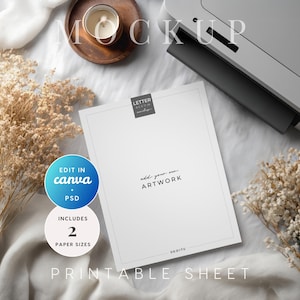 May include: A mockup of a printable sheet with the text "add your own ARTWORK". The image includes a candle, dried flowers, and a printer. The sheet has a label that says "LETTER 8.5x11 in mockup". The sheet also includes the text "EDIT IN canva + PSD" and "INCLUDES 2 PAPER SIZES".