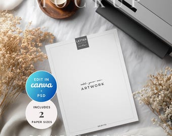 May include: A mockup of a printable sheet with the text "add your own ARTWORK". The image includes a candle, dried flowers, and a printer. The sheet has a label that says "LETTER 8.5x11 in mockup". The sheet also includes the text "EDIT IN canva + PSD" and "INCLUDES 2 PAPER SIZES".