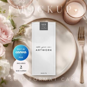 May include: A slim format card mockup with the text "add your own ARTWORK" and "4x9 inch mockup". The image includes a plate, fork, candle, and flowers. The card is designed to be edited in Canva or PSD and includes two size cards.