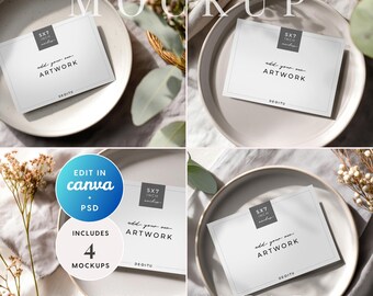 May include: A square white card mockup with the text "add your own ARTWORK" and "5x7 inch mockup" on a white plate. The image includes a "Mini Bundle" graphic with the text "Edit in Canva + PSD" and "Includes 4 Mockups".