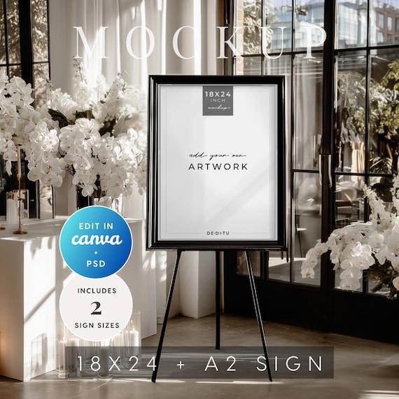 Orchid Noir Wedding Welcome Sign Mockup: Canva + PSD Easel Display, 18x24 & A2 Sizes Included