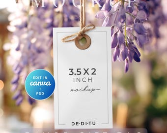 May include: A white rectangular favor gift tag, 3.5 x 2 inches, with a brown paper ring and twine. The tag is suspended against a blurred background of purple wisteria blossoms. Text includes "MOCKUP", "EDIT IN canva PSD", and "DE·DI·TU".