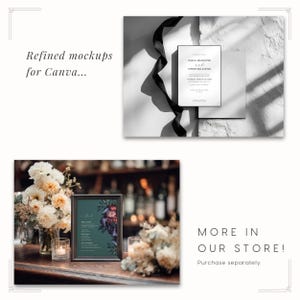 Puede incluir: Una maqueta de invitaci&oacute;n de boda con una cinta negra y un men&uacute; enmarcado con detalles florales. La invitaci&oacute;n presenta los nombres "Sabla Macheter y Simon Balliwick". Tambi&eacute;n se ve el texto "Refined mockups for Canva..." y "MORE IN OUR STORE!"