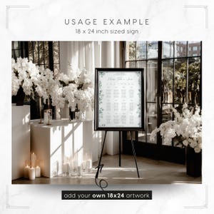 Orchid Noir Framed Sign on Easel Mockup Template: showing an 18x24 inch wedding seating chart sign design (artwork not included - add your own in Canva or Photoshop)