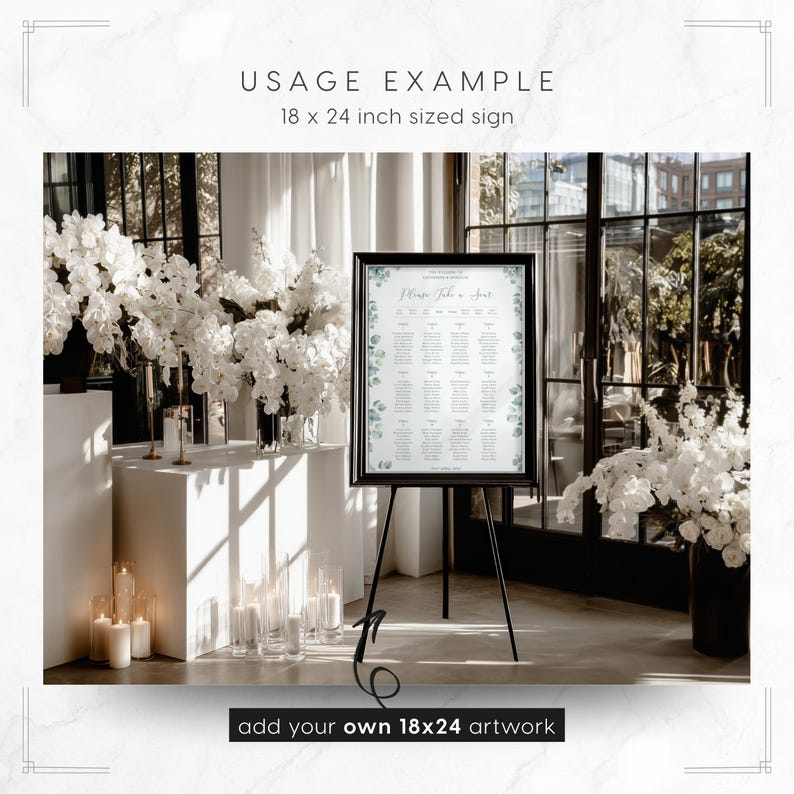 Orchid Noir Framed Sign on Easel Mockup Template: showing an 18x24 inch wedding seating chart sign design (artwork not included - add your own in Canva or Photoshop)