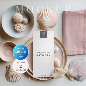 May include: A mockup featuring a 4x9 inch slim format card with the text "add your own artwork". The scene includes seashells, coral, and ceramic bowls. The words "Mockup", "Edit in Canva", and "Includes 2 Size Cards" are also visible.
