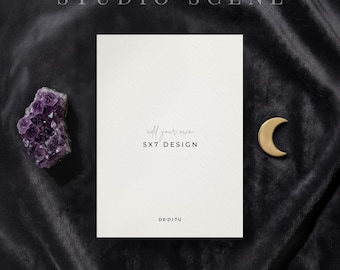 5x7 Invitation Mockup | PSD & Canva | Dark Velvet Studio Scene - Amethyst Moon