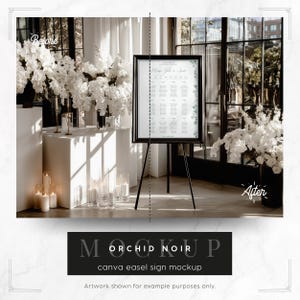 Orchid Noir: medium format frame on easel sign mockup with white floral surrounding in an elegant interior. Showing before and after a wedding seating chart design is added.