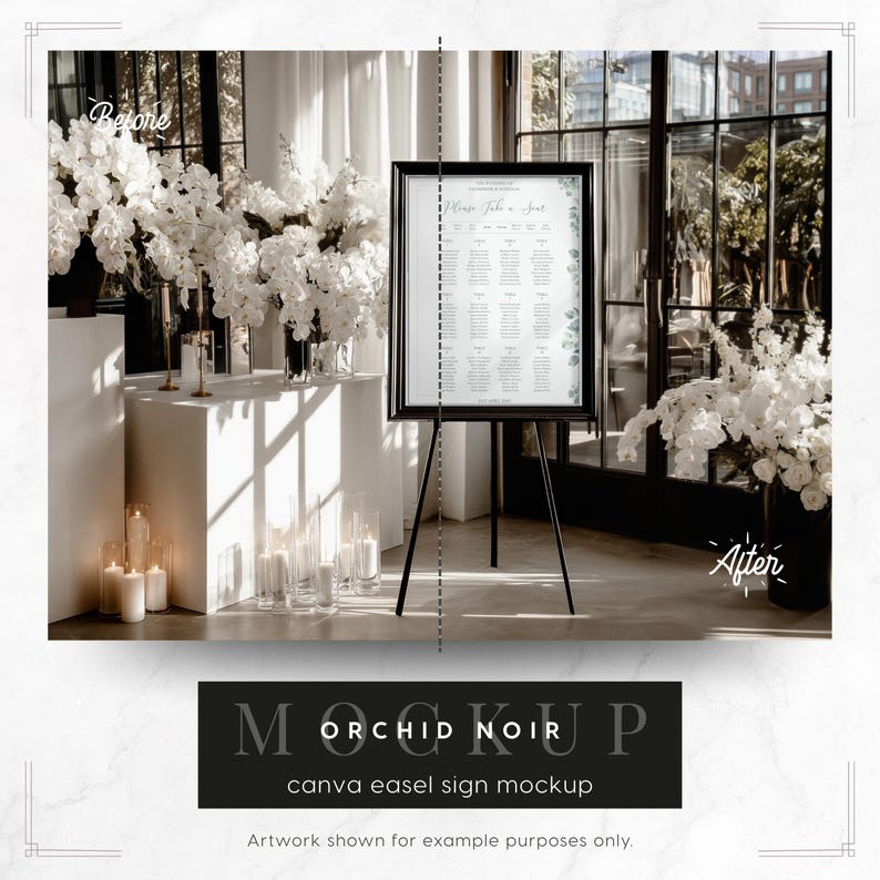 Orchid Noir: medium format frame on easel sign mockup with white floral surrounding in an elegant interior. Showing before and after a wedding seating chart design is added.
