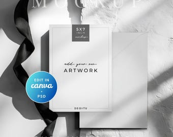 May include: A mockup featuring a 5x7 inch invitation with the text "add your own ARTWORK". The design includes a white card and envelope, a black ribbon, and the text "EDIT IN canva + PSD". The invitation is labeled "5X7 INCH mockup".