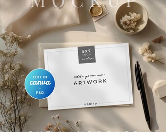 May include: A 5x7 inch landscape mockup with the text "add your own ARTWORK" and "5x7 inch mockup". The image includes a pen, dried flowers, and a small bowl. The words "EDIT IN canva + PSD" are also visible.