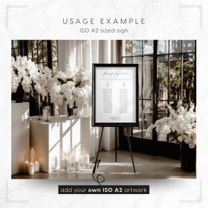 Orchid Noir Framed Sign on Easel Mockup Template: showing an A2 table plan sign design (artwork not included - add your own in Canva or Photoshop)