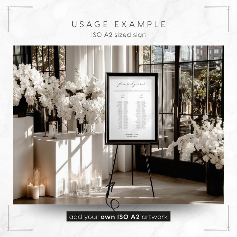 Orchid Noir Framed Sign on Easel Mockup Template: showing an A2 table plan sign design (artwork not included - add your own in Canva or Photoshop)
