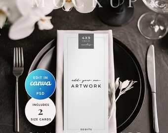 May include: A slim menu card mockup with the text "add your own artwork" on a white background. The card is placed on a black plate with a white napkin, fork, and knife. The image includes the text "4x9 inch mockup" and "Slim Menu Card".