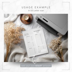 Puede incluir: Un planificador de presupuesto de boda en tama&ntilde;o US Letter, con el t&iacute;tulo "Wedding Budget" en la parte superior. La p&aacute;gina est&aacute; sobre una superficie blanca con una impresora, flores secas y una vela. El texto "add your own 8.5x11" artwork" est&aacute; en la parte inferior.