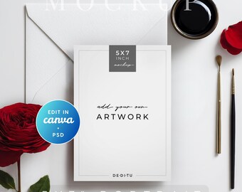 May include: A 5x7 inch portrait mockup with the text "add your own ARTWORK". The image includes a white envelope, a red rose, a small black bowl, and paintbrushes. The words "EDIT IN canva + PSD" are in a blue circle.