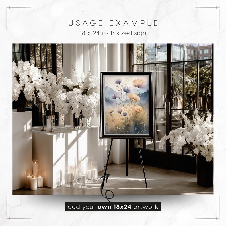 Orchid Noir Framed Sign on Easel Mockup Template: showing an 18x24 inch art print design (artwork not included - add your own in Canva or Photoshop)