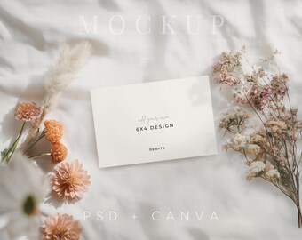 4x6 Inch Card Mockup, Landscape – Petal & Light | PSD + Canva Wedding Styled Scene