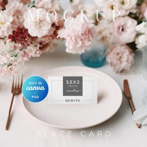 May include: A white place card, 3.5 x 2 inches, sits on a white plate, with a fork and knife on either side. The card has a gray band with the text "3.5X2 inch mockup". The background features pink flowers and the word "MOCKUP".