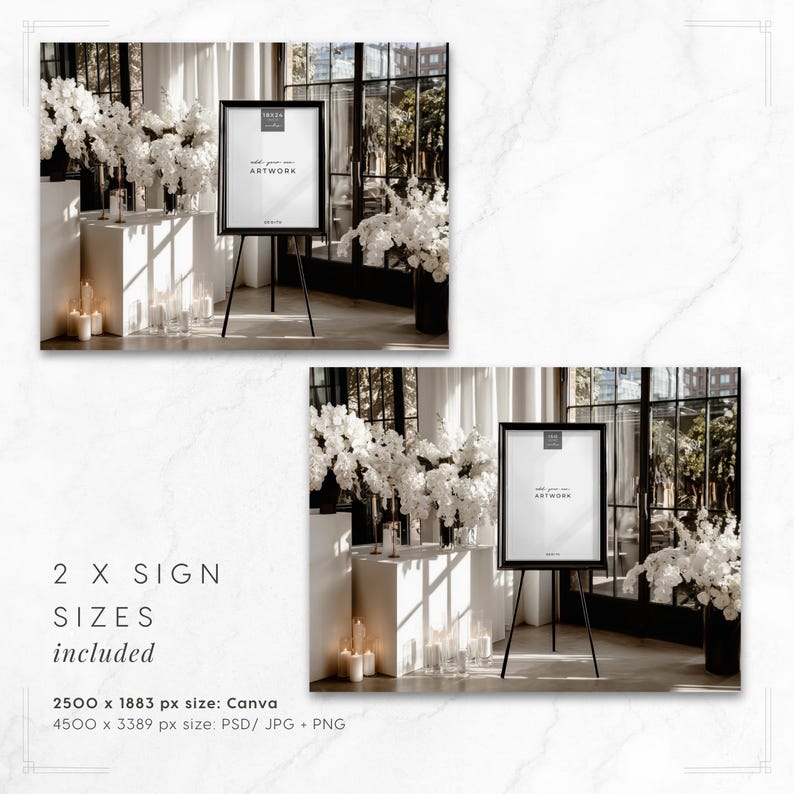 Orchid Noir easel sign mockup: 2 sized frames included: A2 and 18x24 inch.
