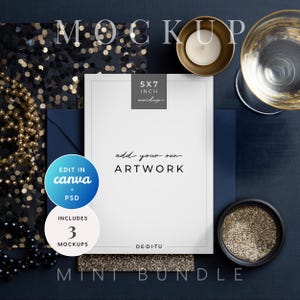 May include: A styled 5x7 inch mockup with the text "add your own artwork". The image includes a candle, a champagne glass, and decorative elements. The words "Edit in Canva" and "Includes 3 Mockups" are also visible.