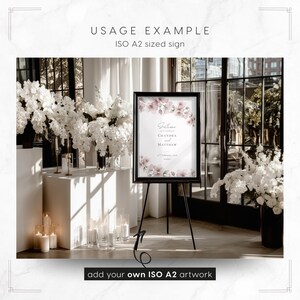 Orchid Noir Framed Sign on Easel Mockup Template: showing an A2 wedding welcome sign design (artwork not included - add your own in Canva or Photoshop)