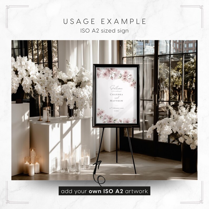 Orchid Noir Framed Sign on Easel Mockup Template: showing an A2 wedding welcome sign design (artwork not included - add your own in Canva or Photoshop)